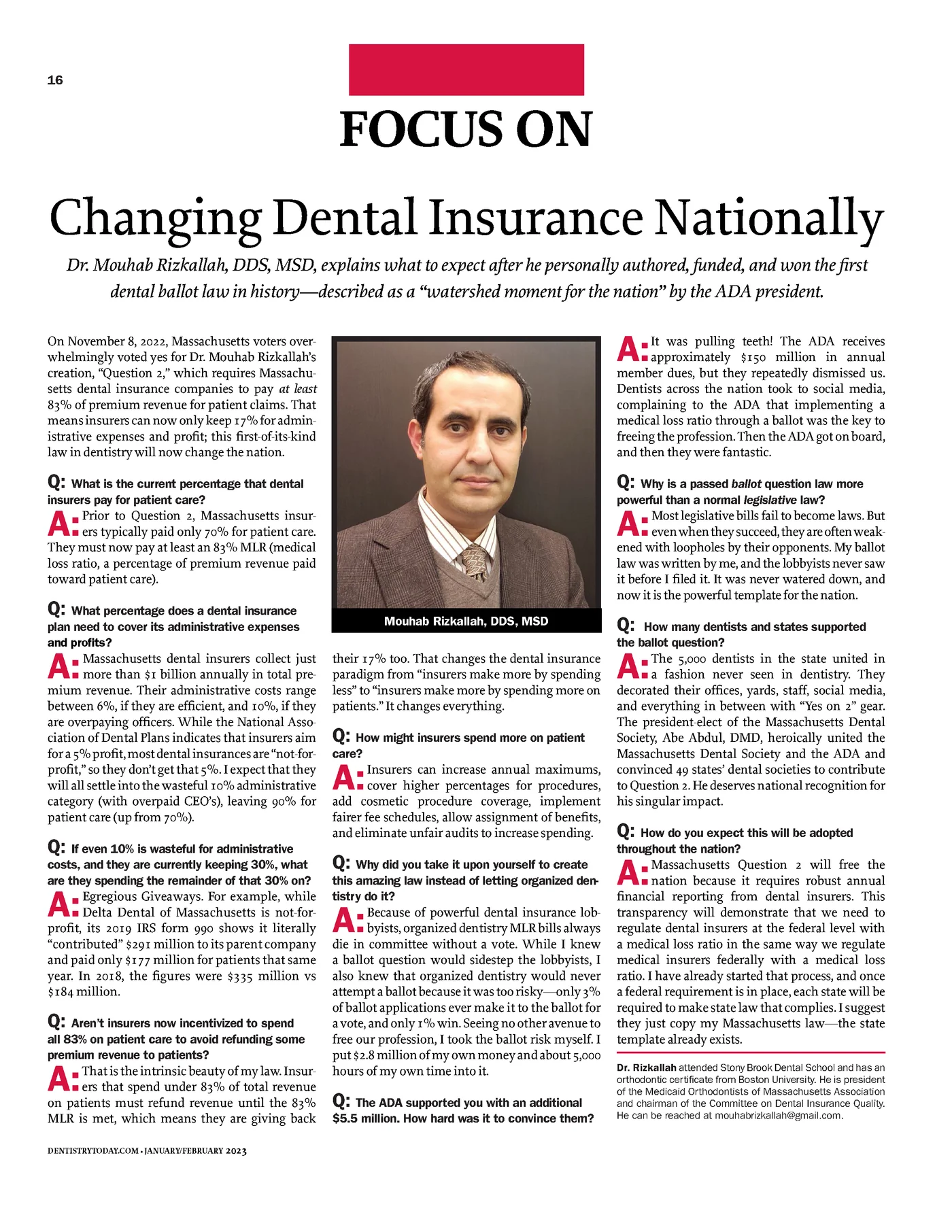 Dr. Mouhab Rizkallah interviewed in Dentistry Today, January/February 2023