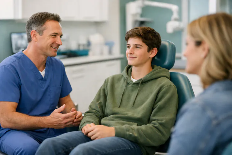 Orthodontist discussing a treatment plan with a teenage patient and parent at a complimentary first consultation