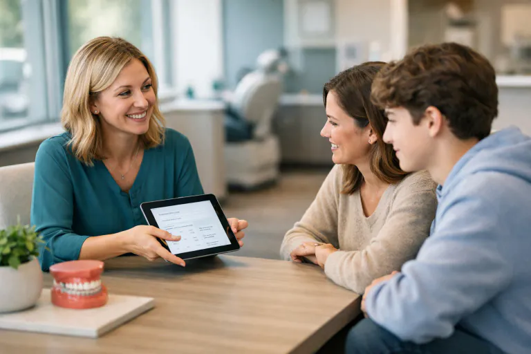 Treatment coordinator reviewing a payment plan with a parent and teen patient