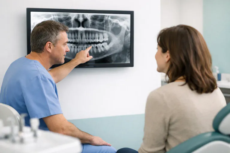 Orthodontist reviewing a panoramic x-ray with a patient before quoting a treatment plan